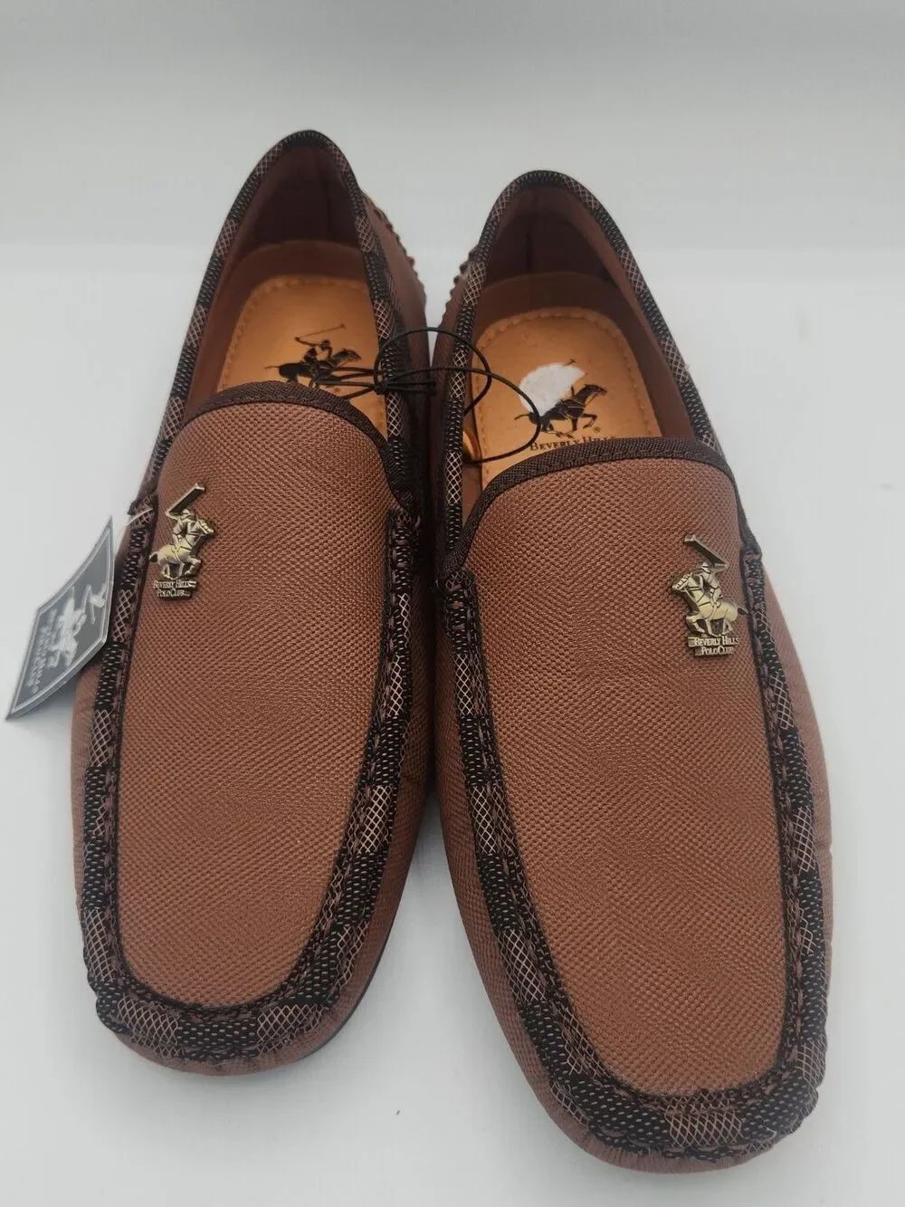 Beverly Hills Polo Club Men's Brown Check Slip-On Loafers Logo Accent Size 8